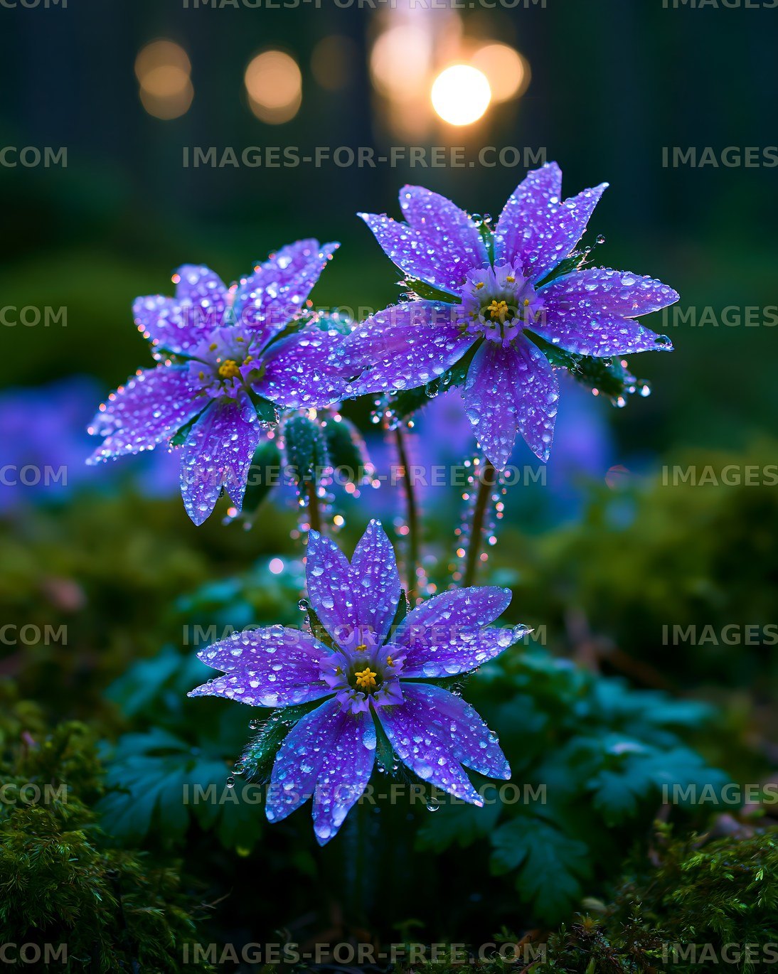 Purple flowers with water droplets in forest at sunset