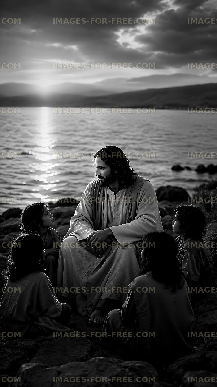 Jesus speaks to children by the lake during sunset
