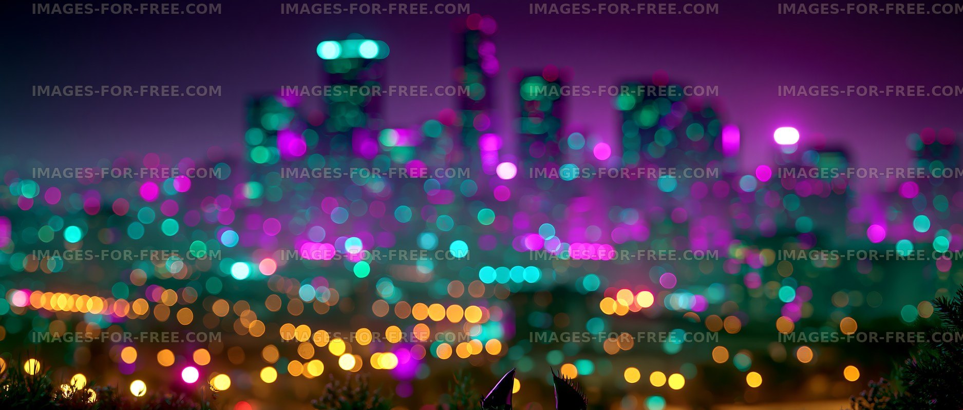 Colorful city lights at night with blurred skyscrapers