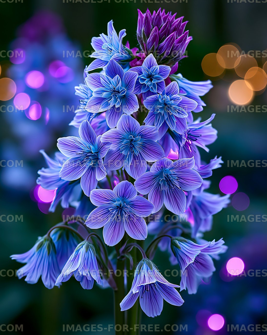 Beautiful purple flowers with blurred lights in background