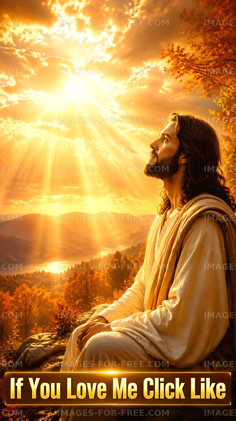 Sunlit figure meditating by mountain lake during sunset