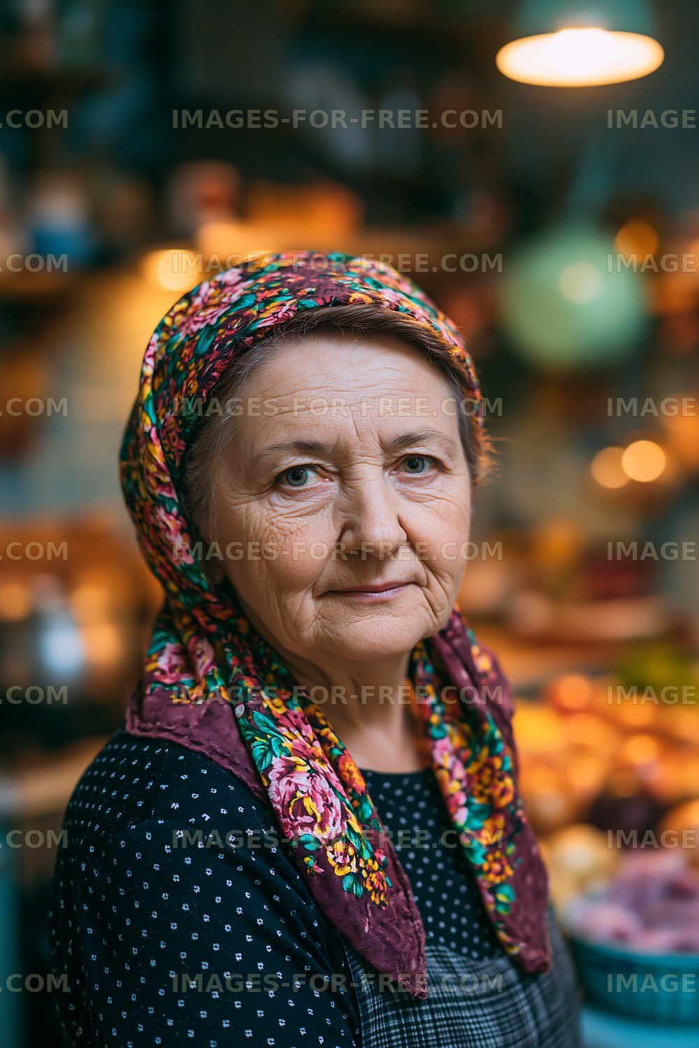 Elderly woman with scarf in kitchen preparing food
