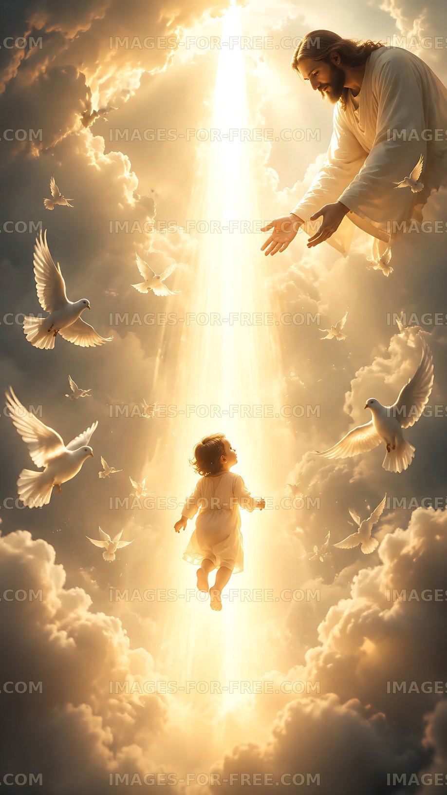 Child reaching for figure in light among clouds and doves
