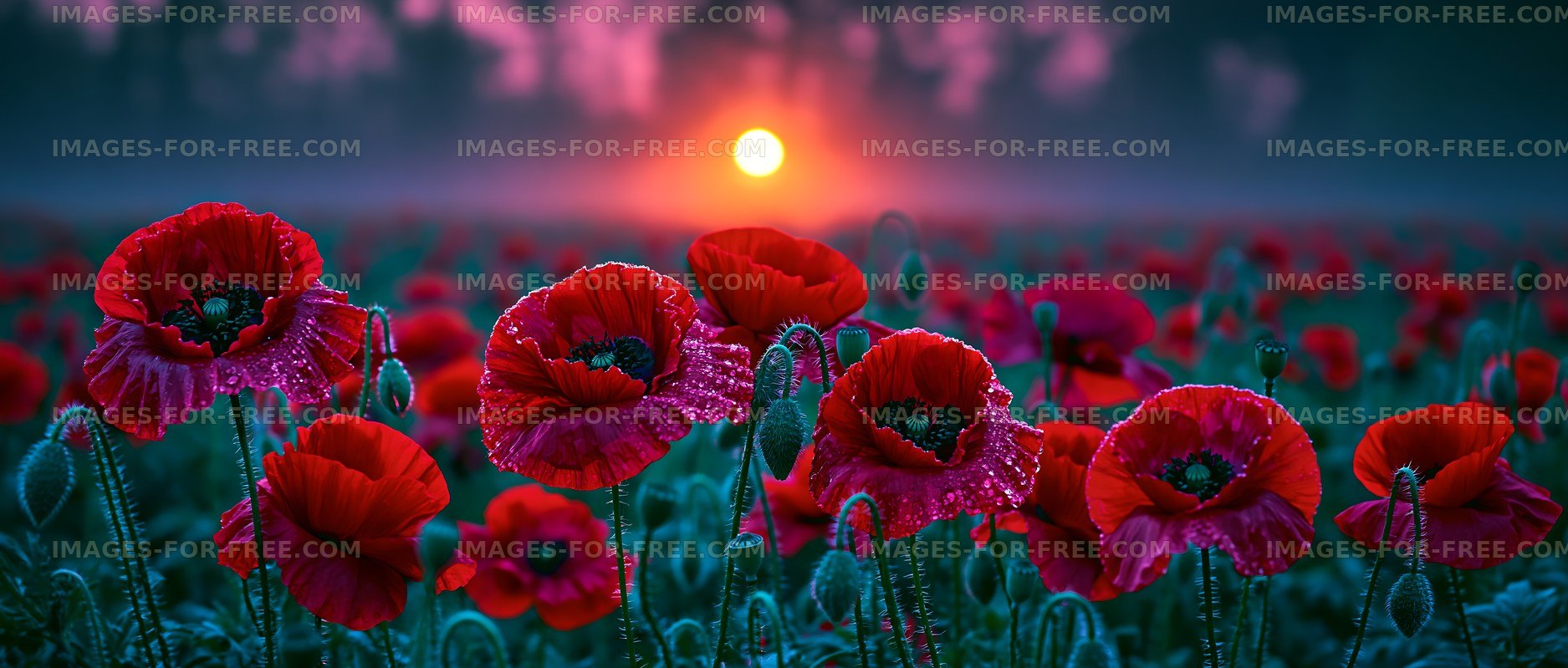 Sunrise over a field of red poppy flowers