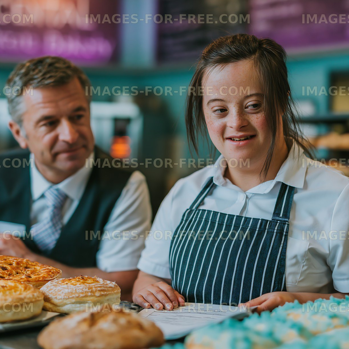 Baker discusses pastries with trainee in a busy kitchen