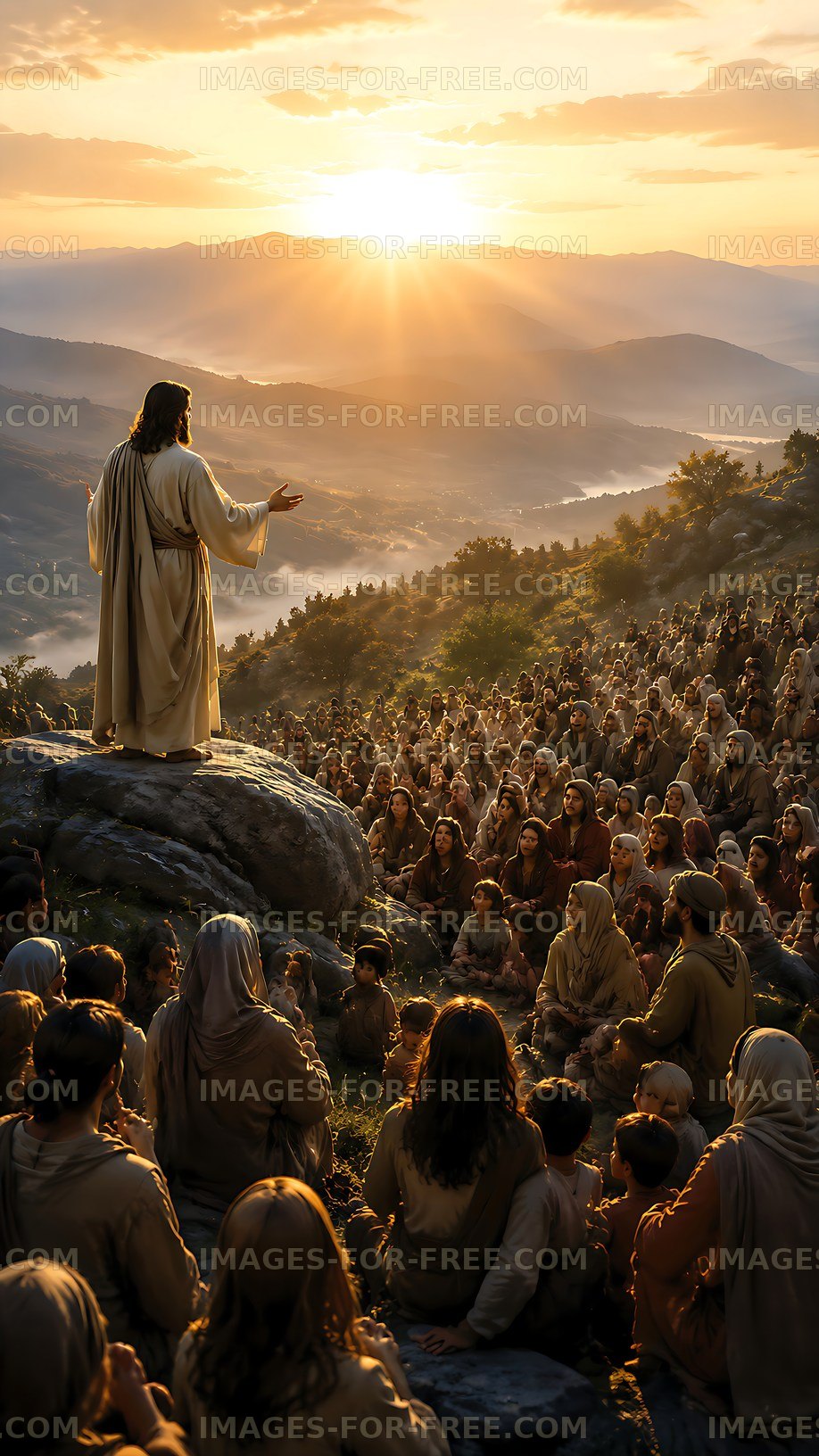 Man speaking to a crowd at sunset on a mountain
