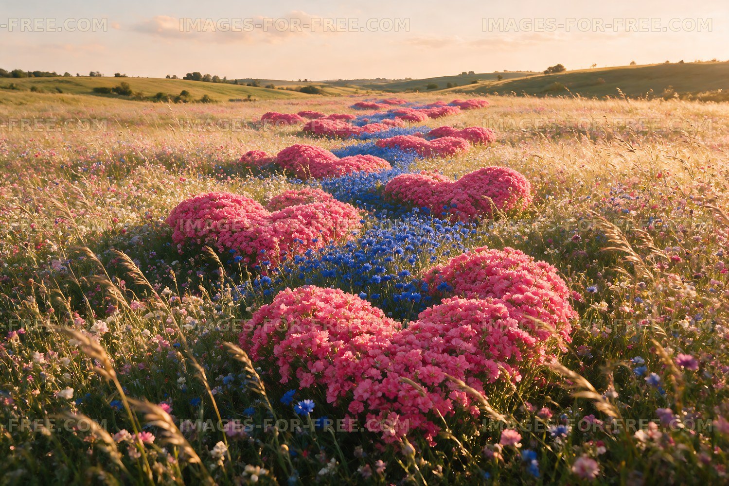 Hearts made of flowers in a field at sunset