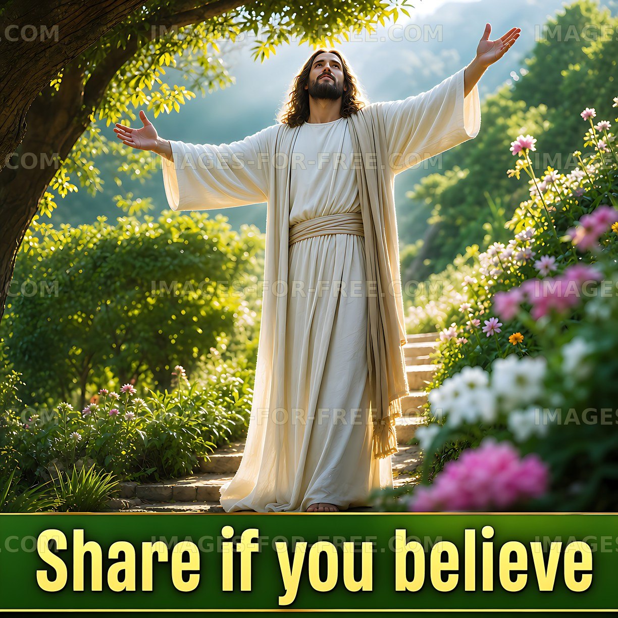 Man with arms raised in nature expressing faith