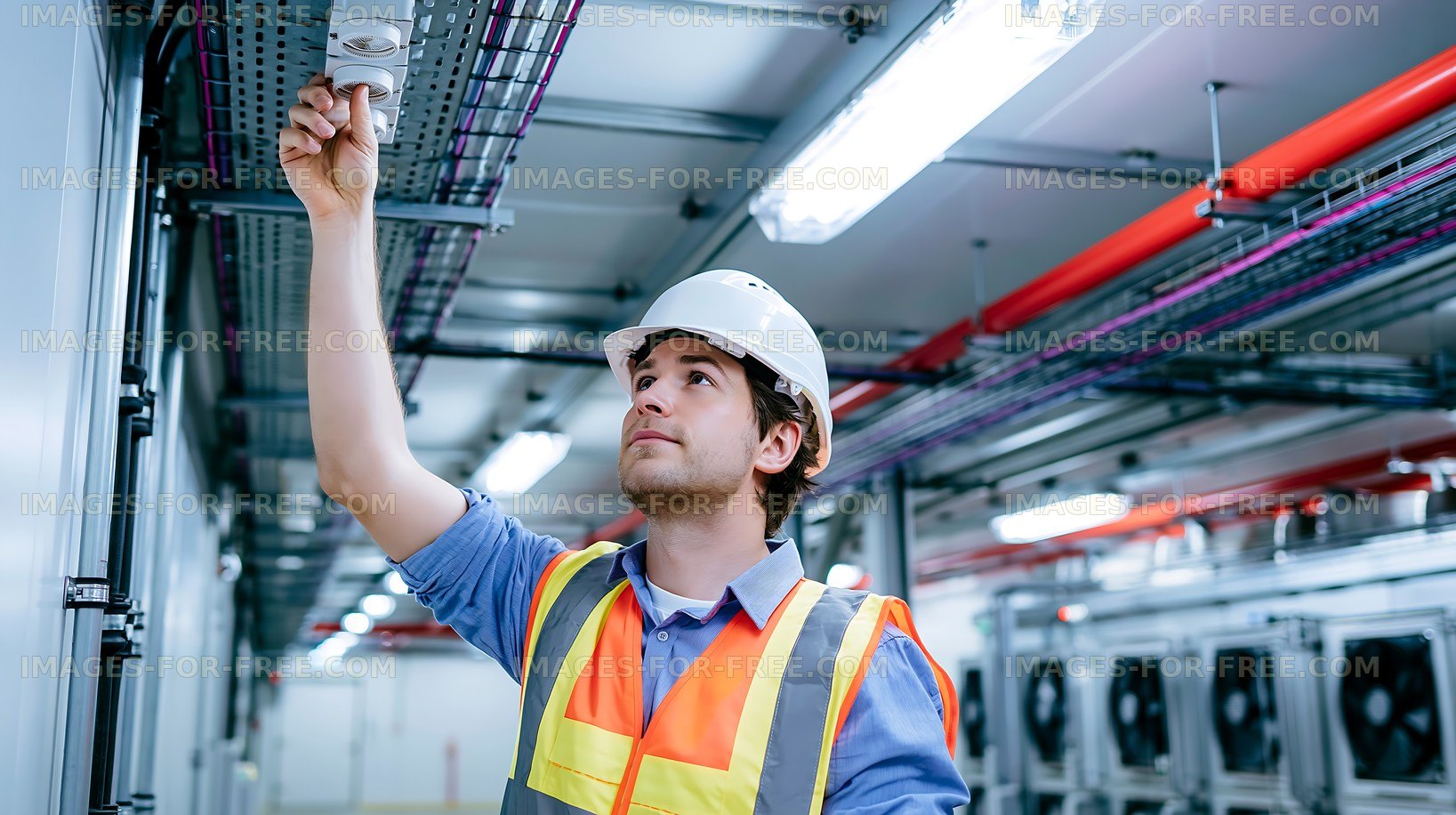 Worker installing equipment in an industrial facility