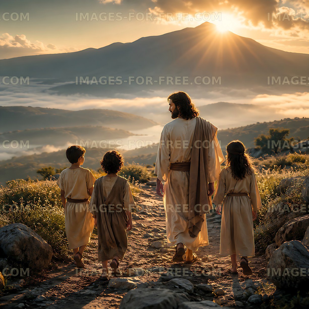 Walking on a mountain path during sunrise with children