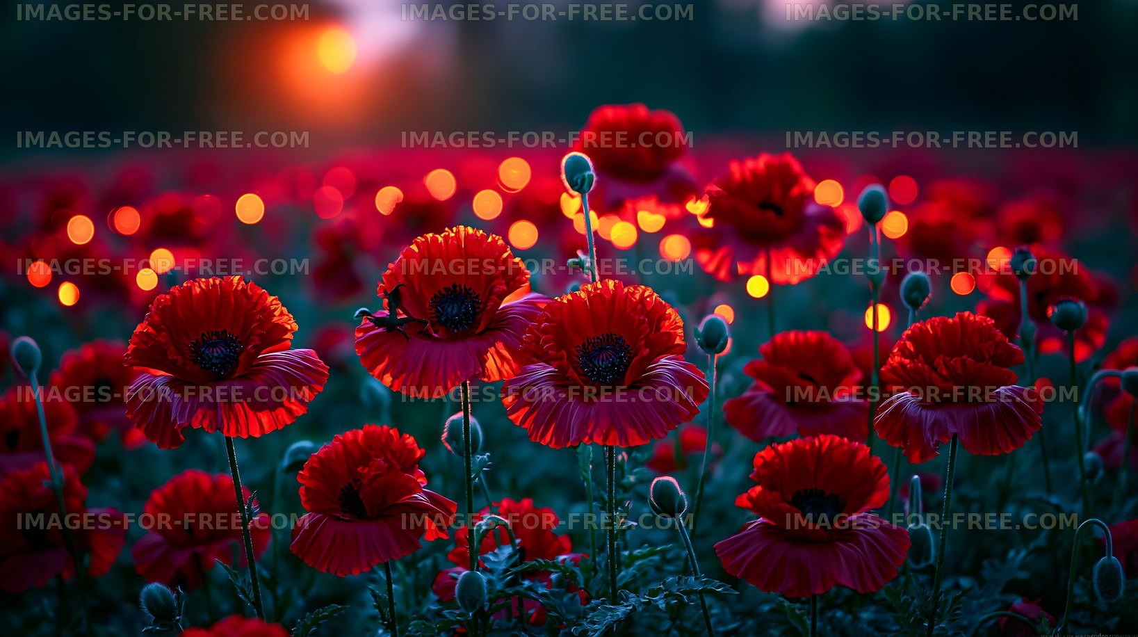 Bright red poppy flowers in a field during sunset