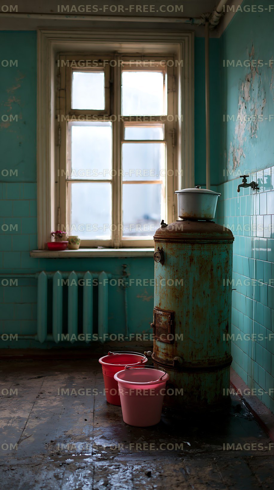 Rusty water heater in an old room with colorful buckets