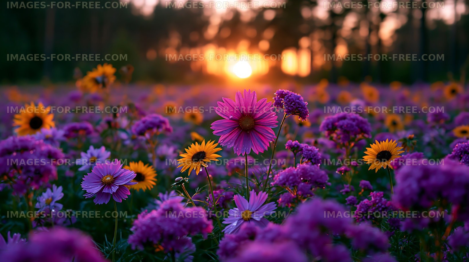 Colorful flowers in a field during sunset