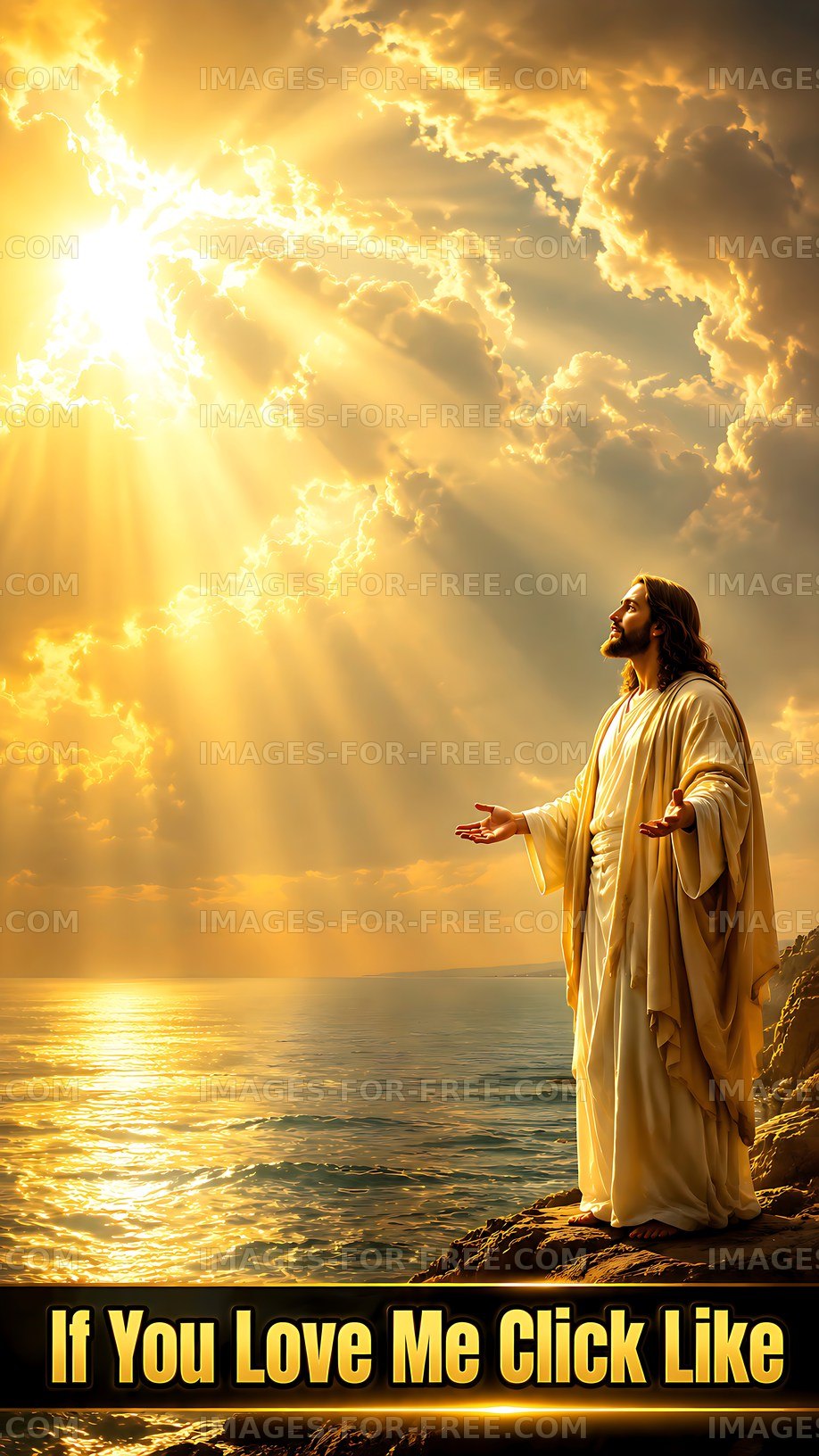 Jesus with open arms by the sea under golden rays of sunlight