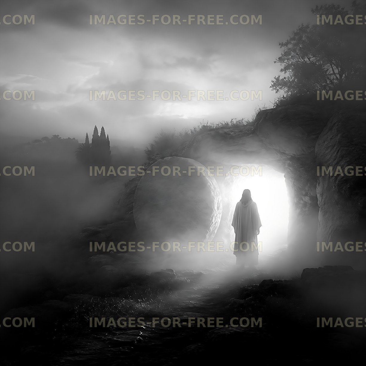 Mystical figure emerging from a cave in foggy landscape