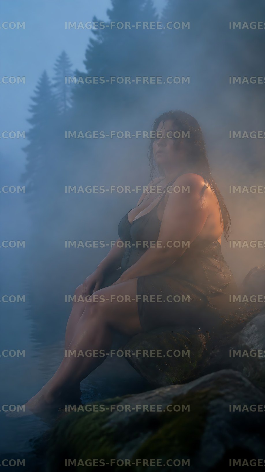 Woman sitting on rock near water in foggy forest