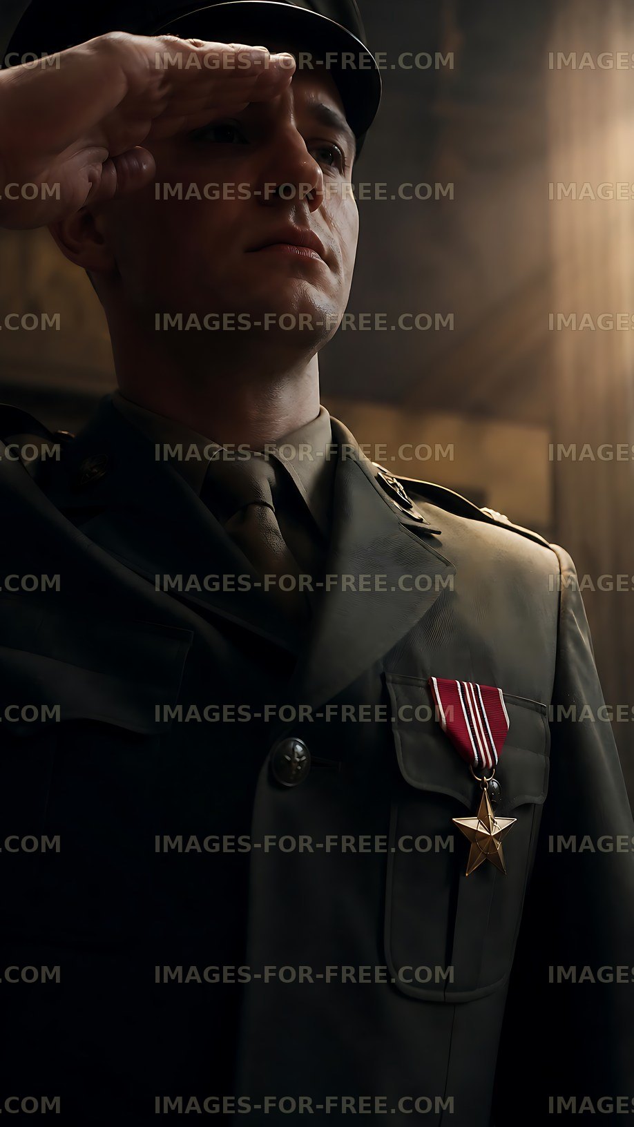 Soldier saluting with medals in formal uniform