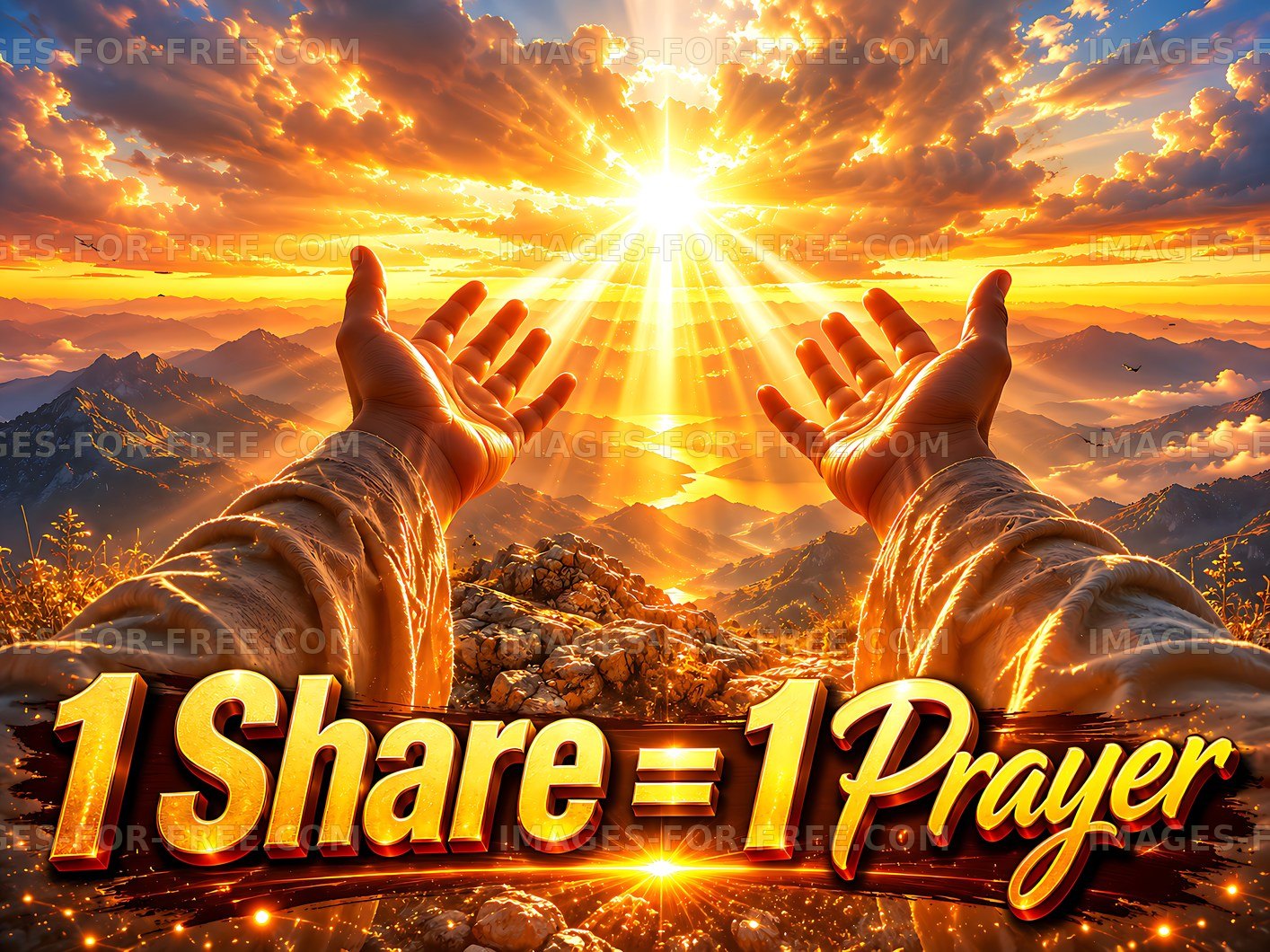 Hands reaching out to a sunset with prayer message