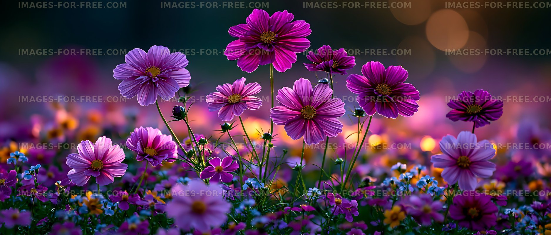 Colorful flowers blooming in a garden at sunset