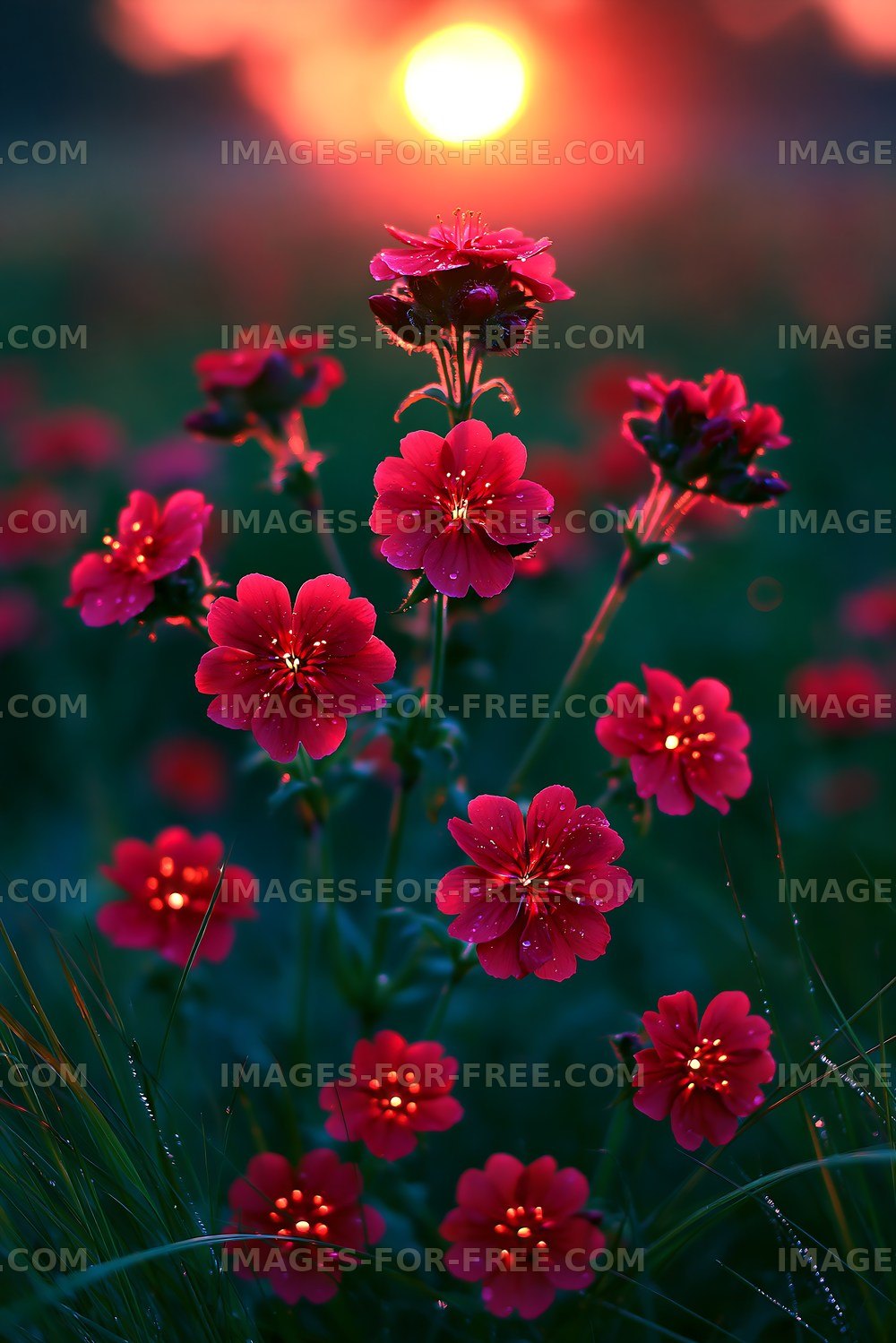 Close-up of red flowers during sunset in a field