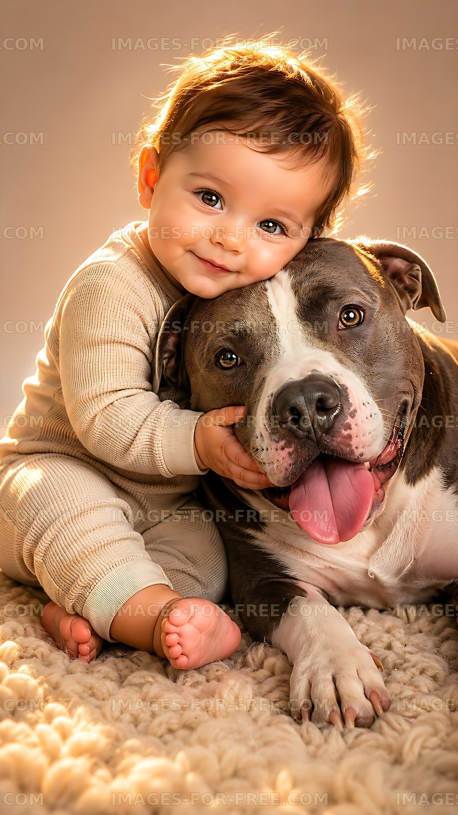 Baby and dog share a moment of joy on a soft rug