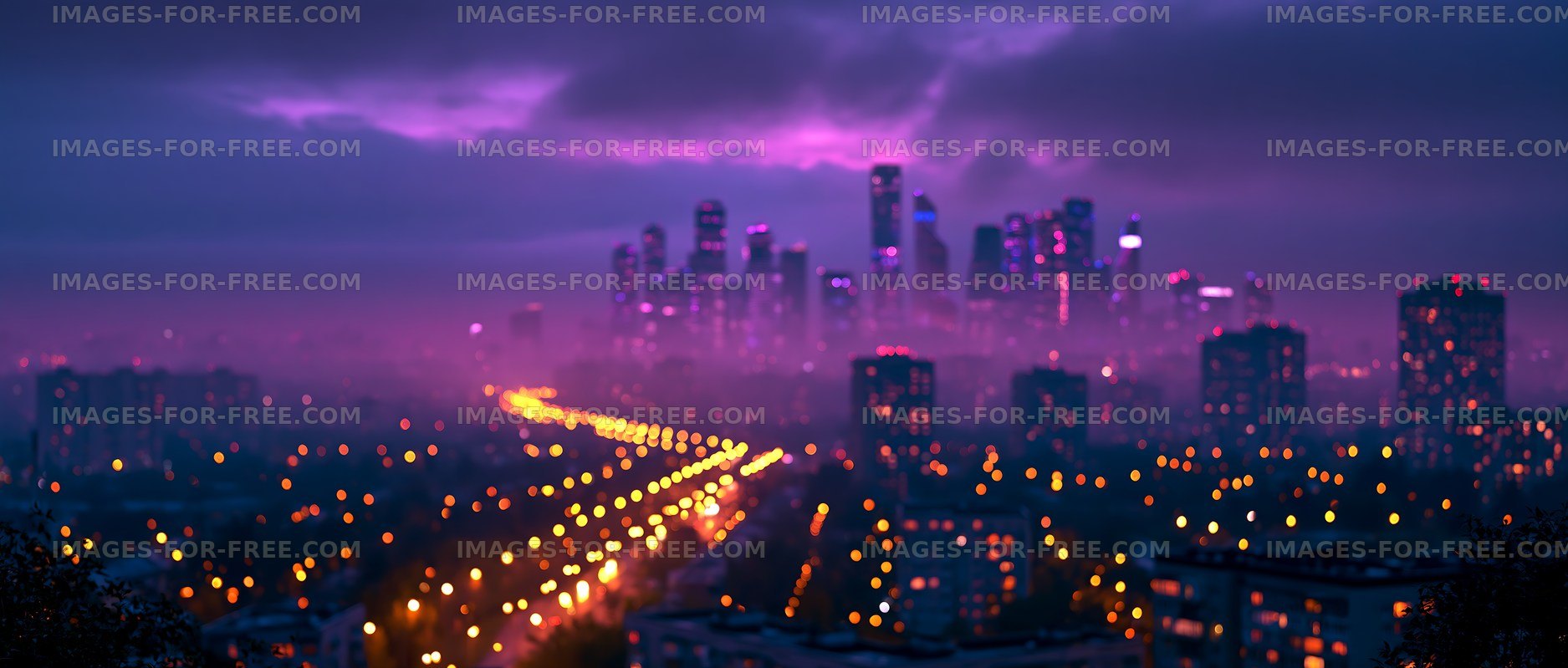 City skyline at night with colorful lights and fog
