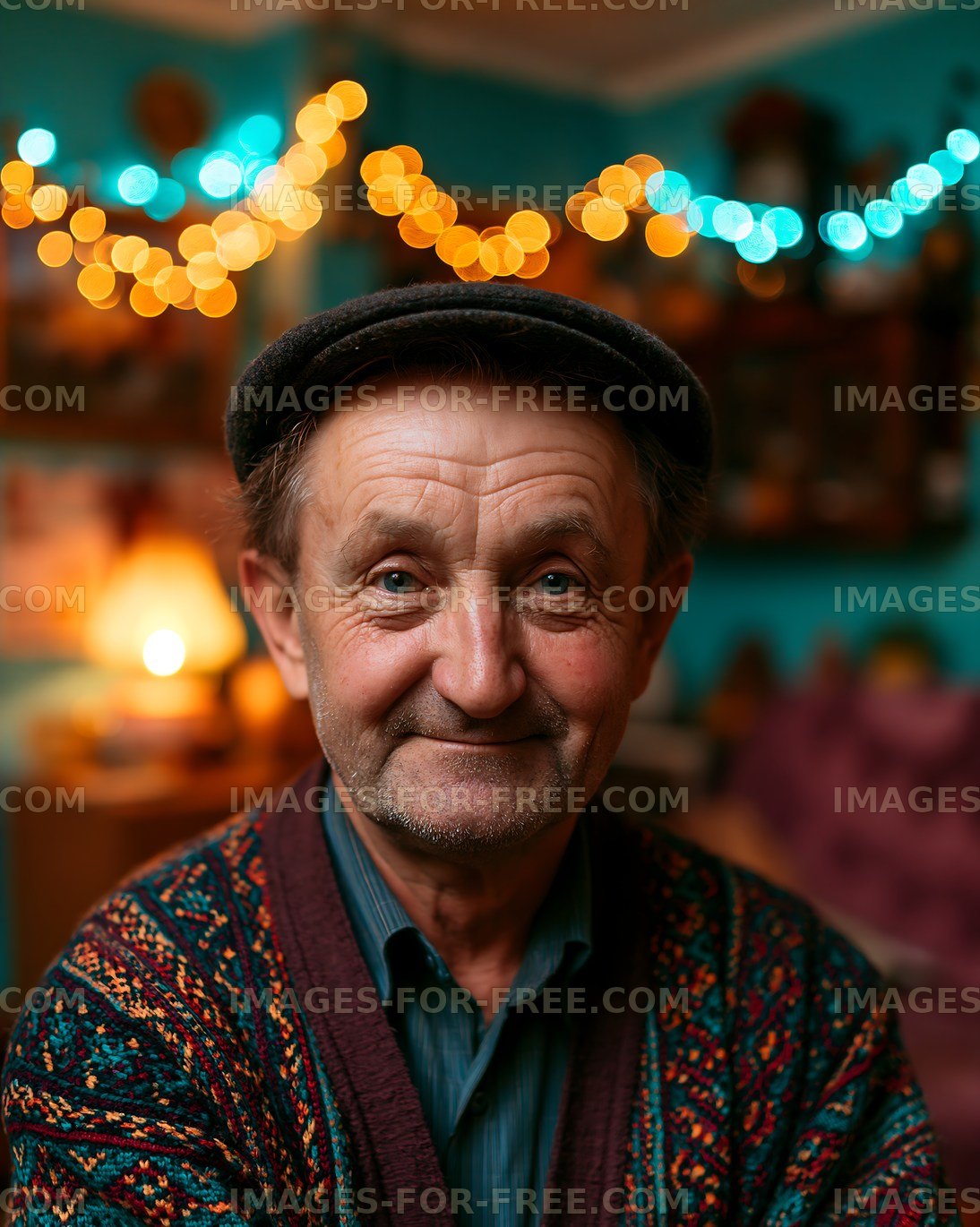Elderly man smiles in cozy room with colorful lights