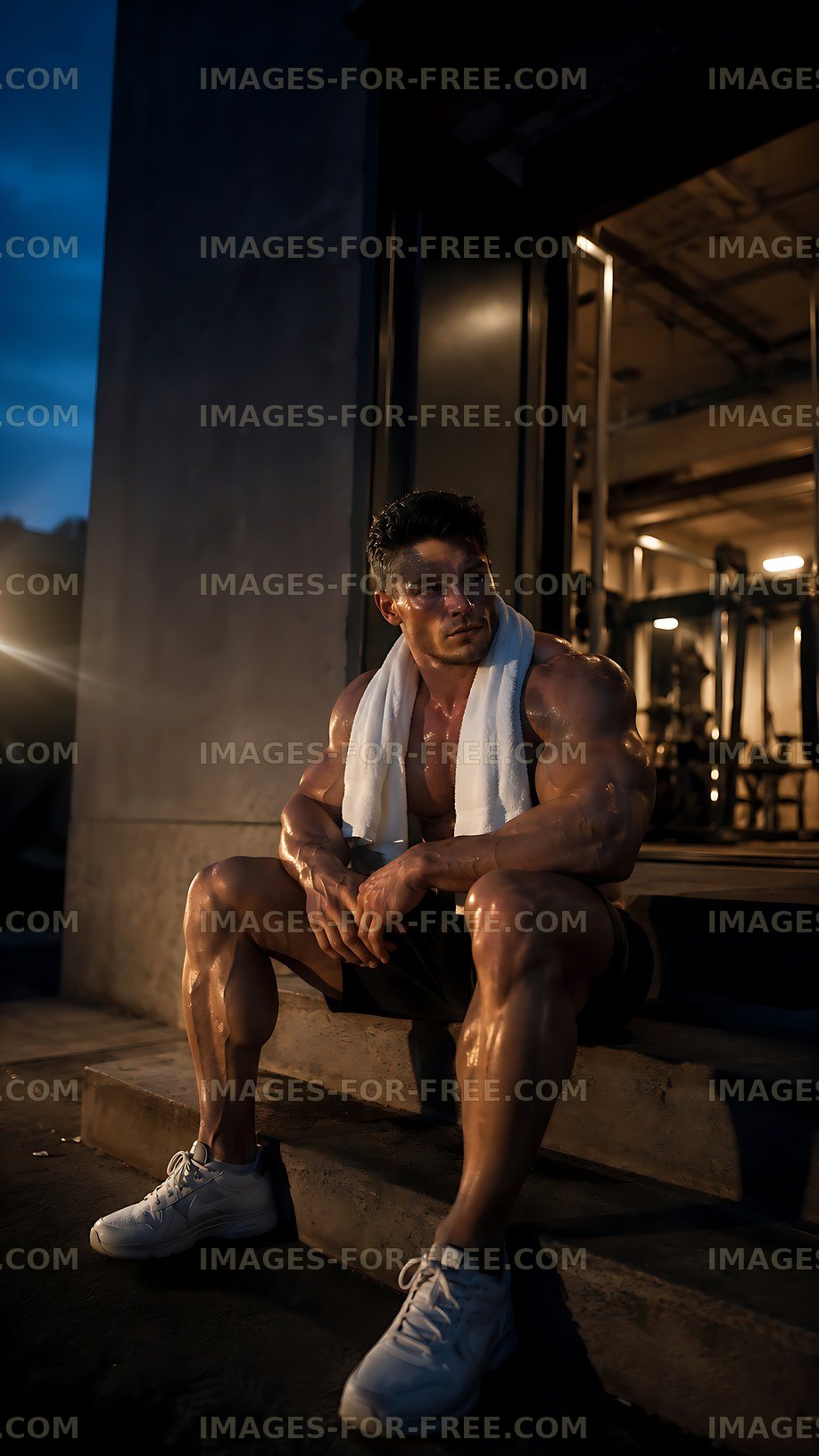 Person resting outside gym after workout in evening light