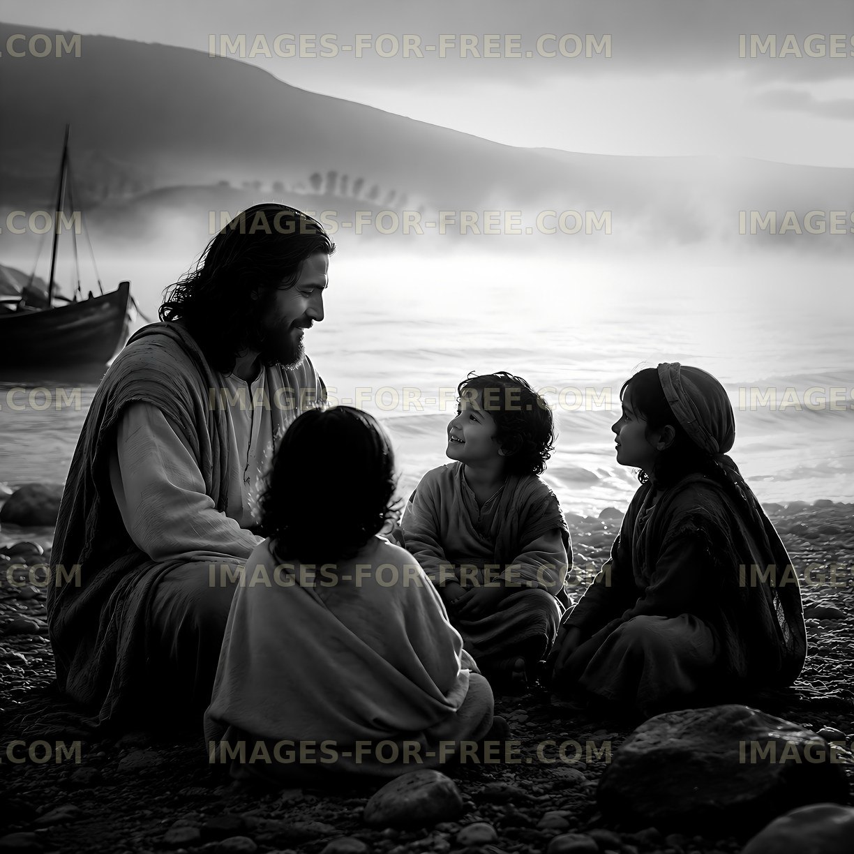 Children listening to a man by the water at dawn