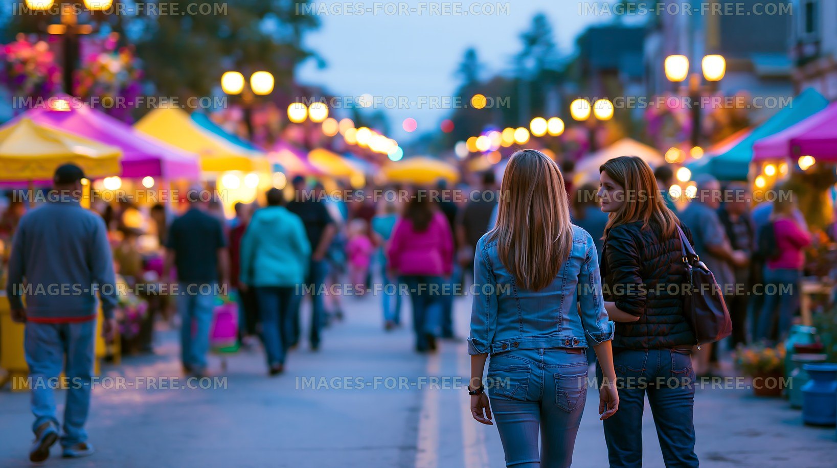 Evening market scene with people and colorful stalls