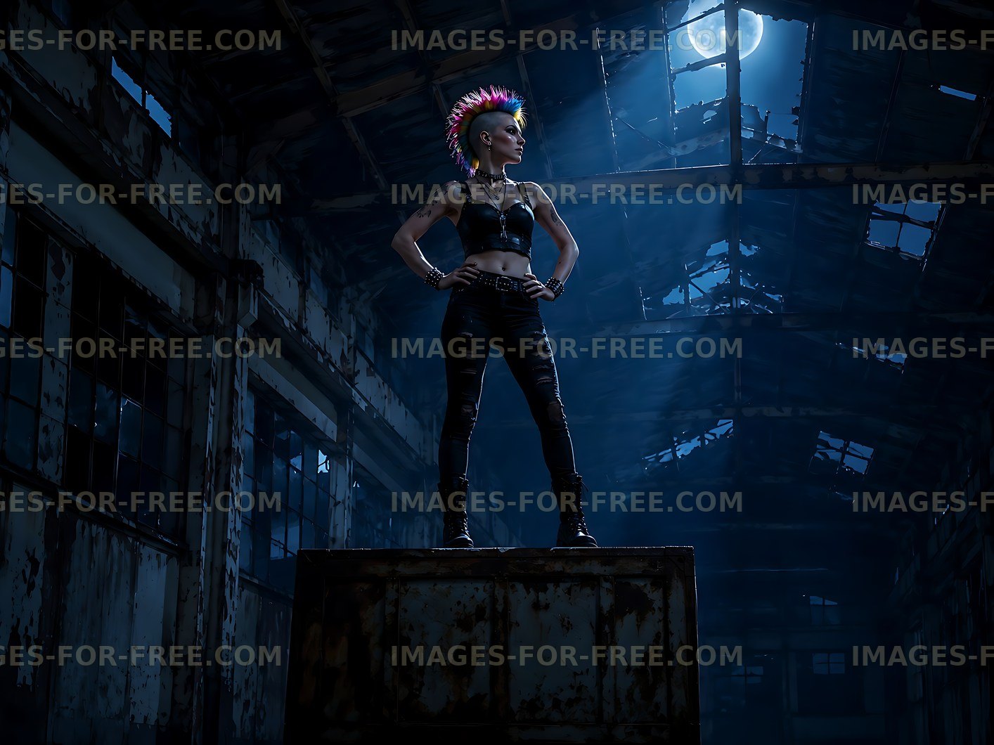 Punk woman stands confidently in abandoned factory at night