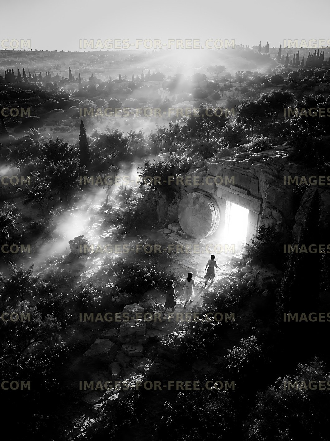 People walking towards light in an open doorway in a misty landscape