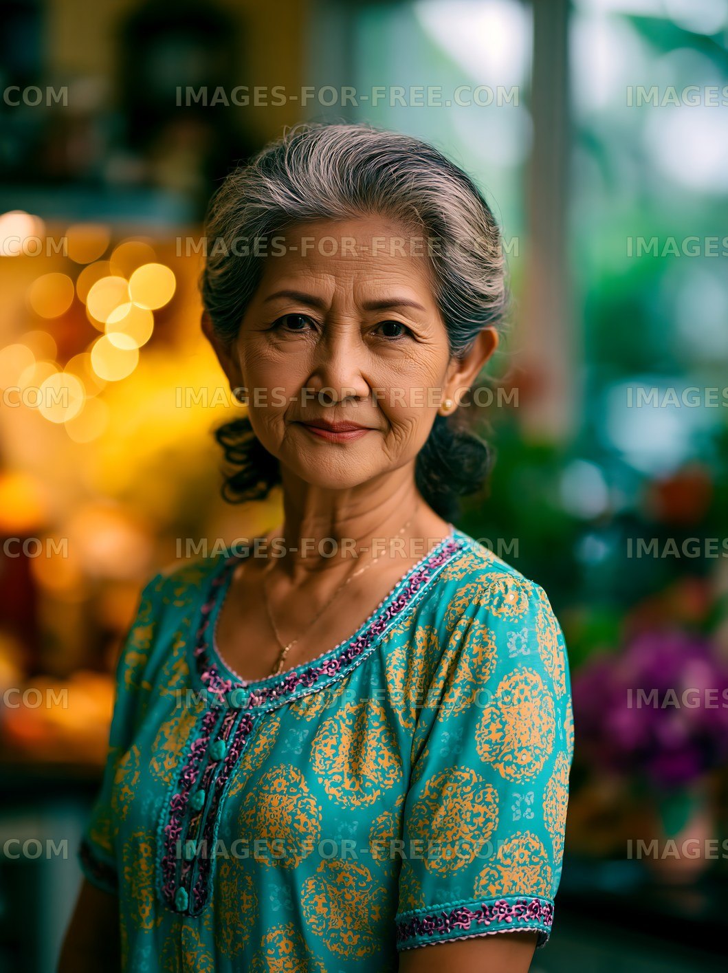 Senior woman standing in a colorful room