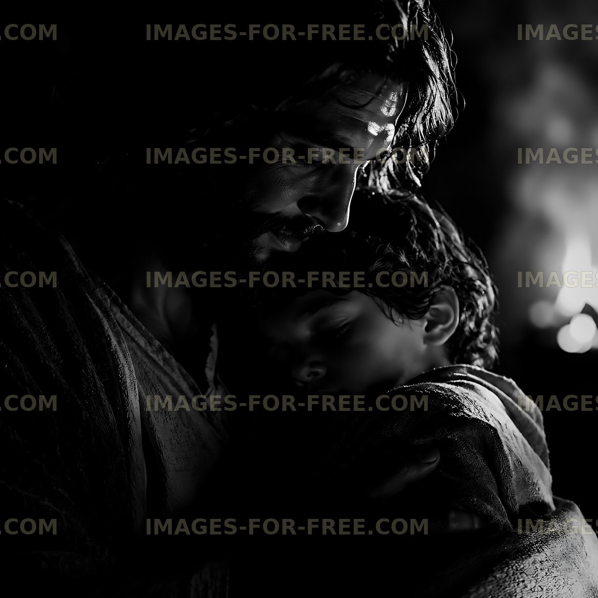 Father and son share a moment of closeness in dim light