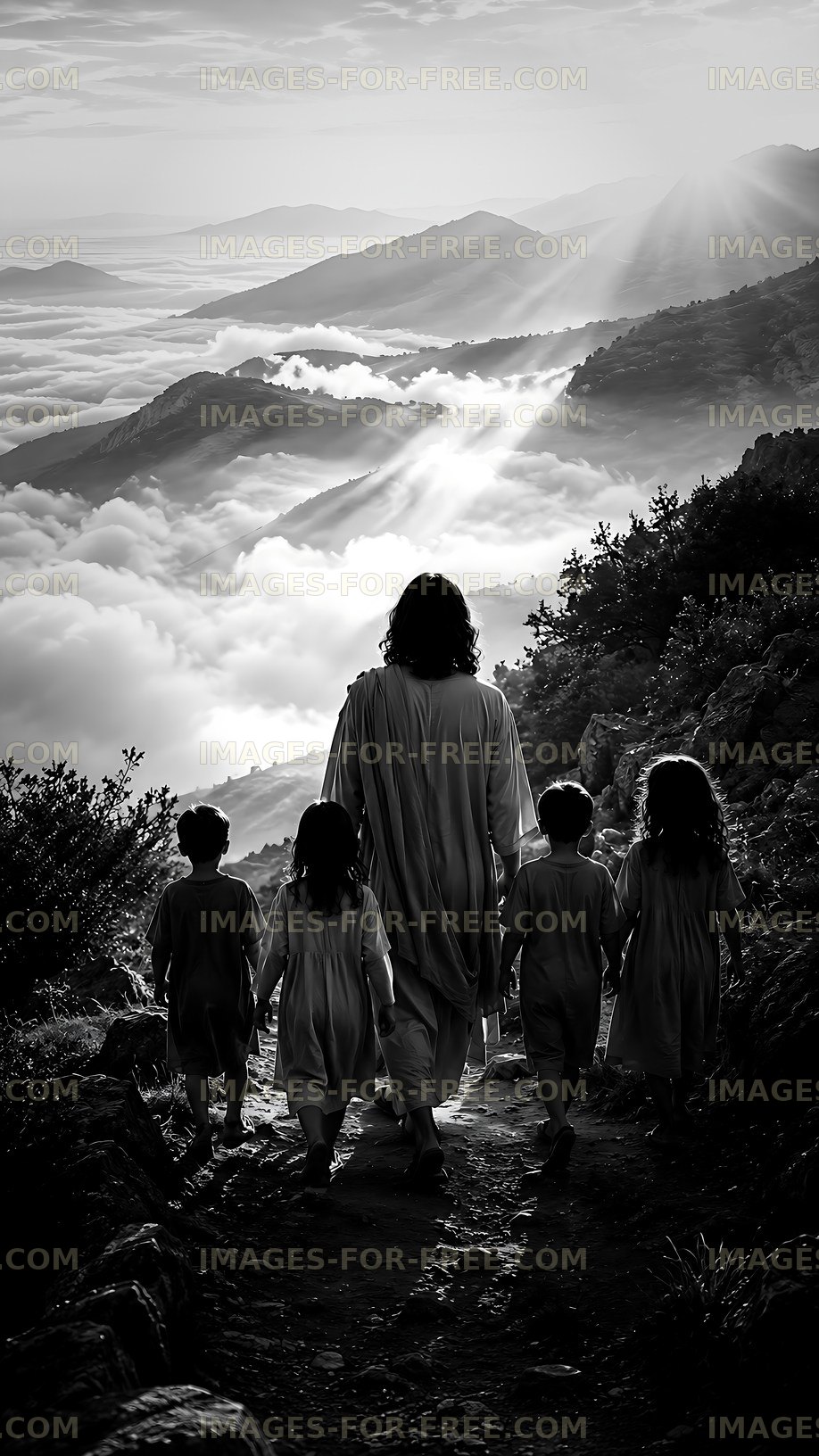 Figures walking on a pathway in a mountainous landscape