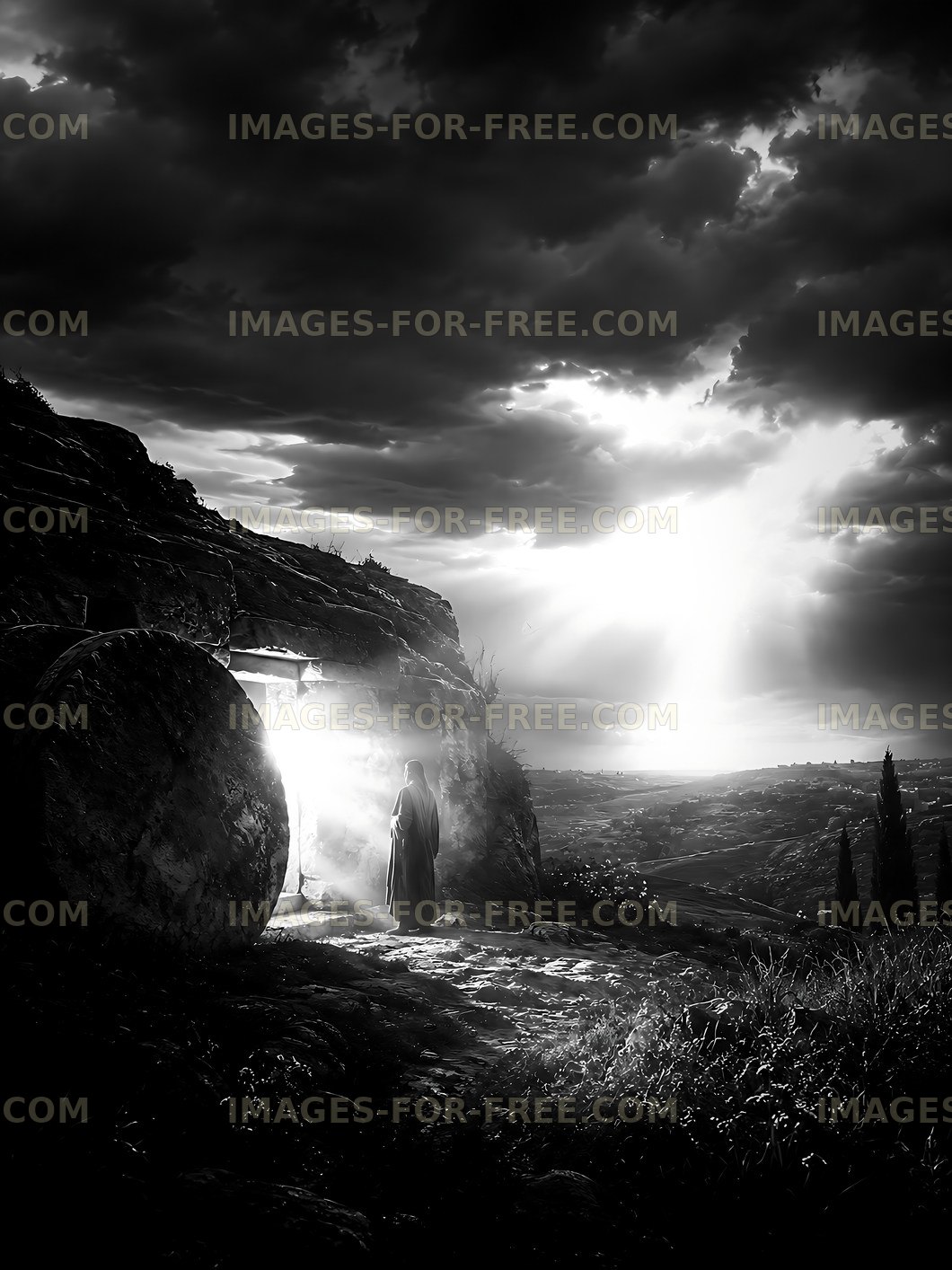 Person standing near stone door on rocky hillside at sunset