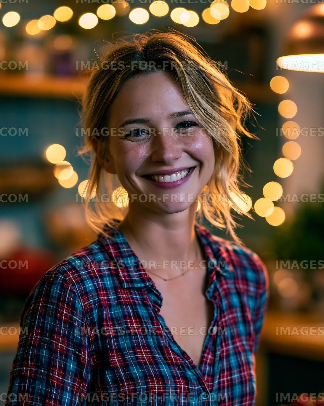 Woman smiling in kitchen with warm lights in background