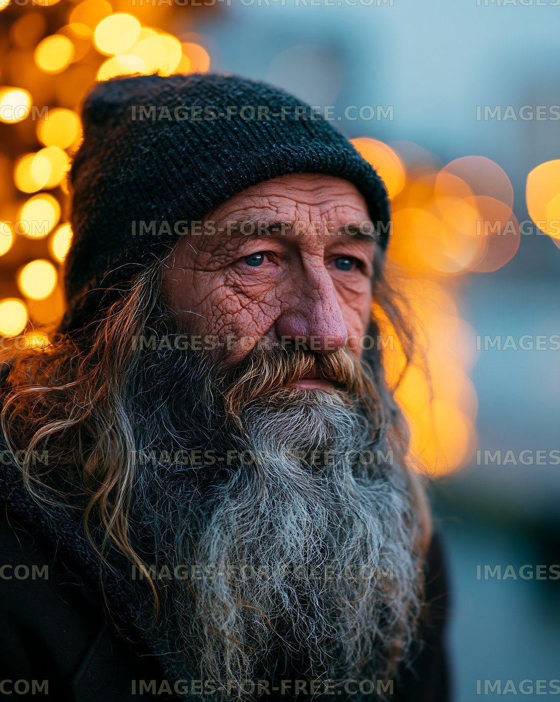 Elderly man with long beard and hat against blurred lights
