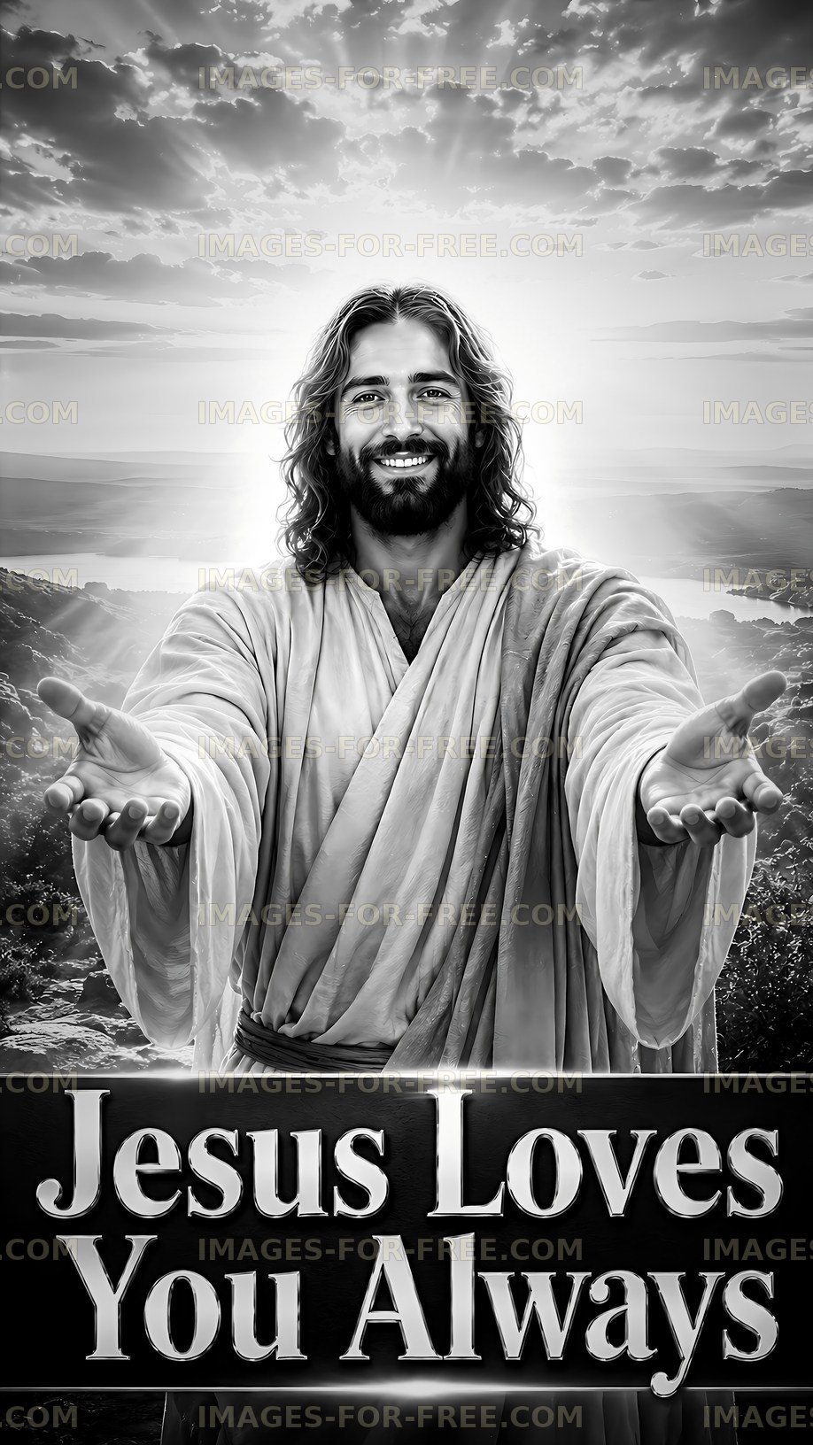 Jesus welcomes with open arms in a scenic landscape