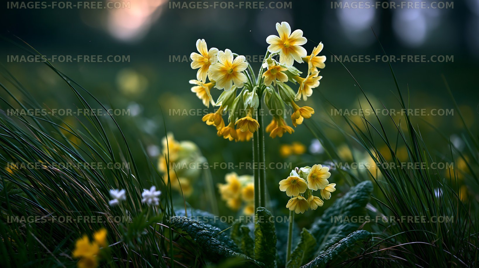 Yellow wildflowers bloom in a field during evening light