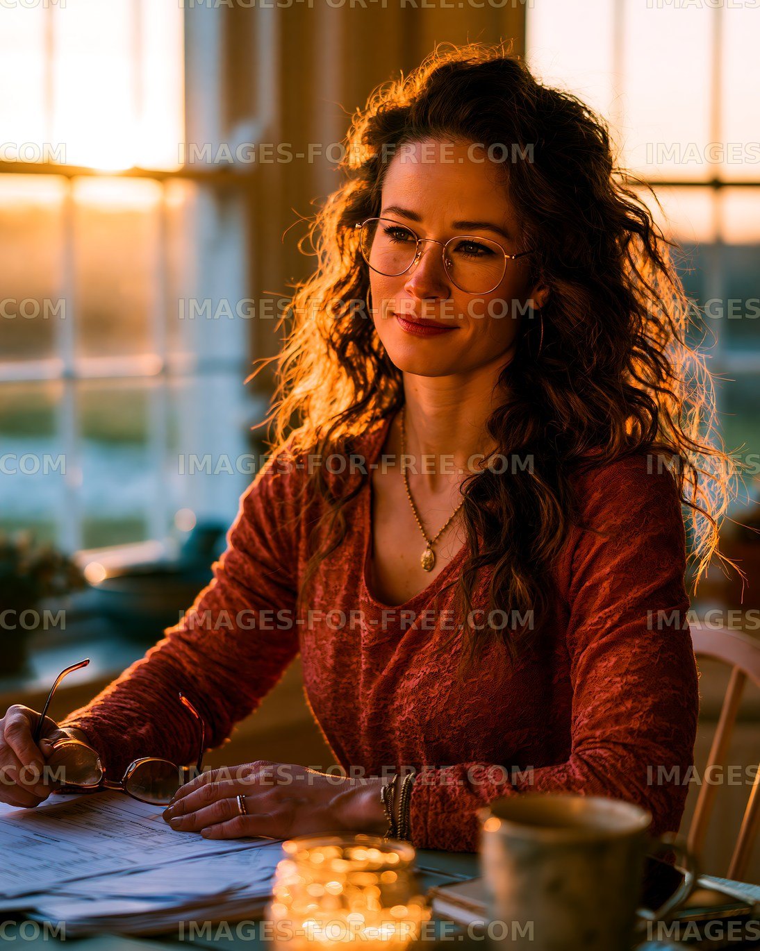 Woman working at a table during sunset with warm light