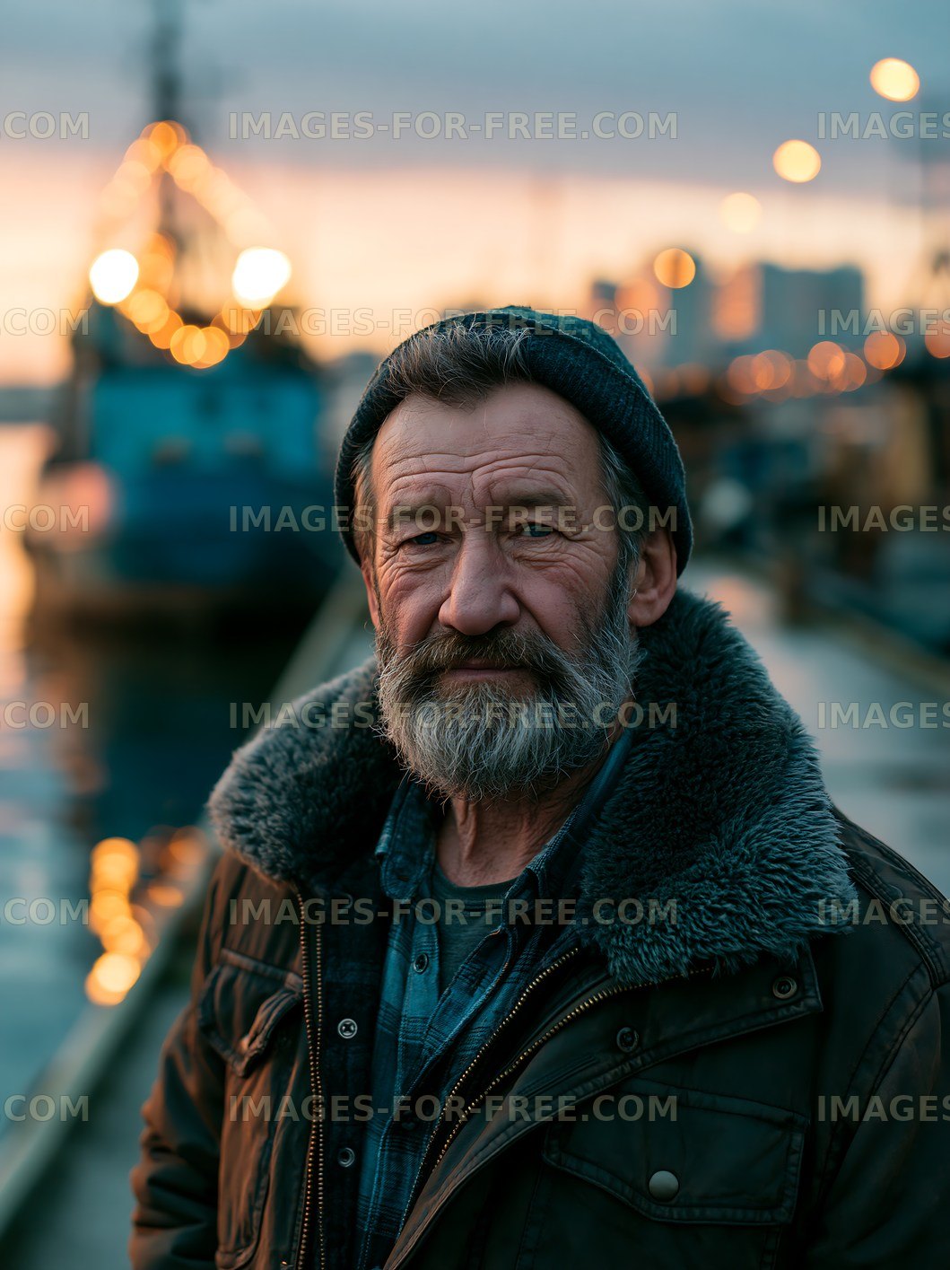 Portrait of a man by the harbor at sunset