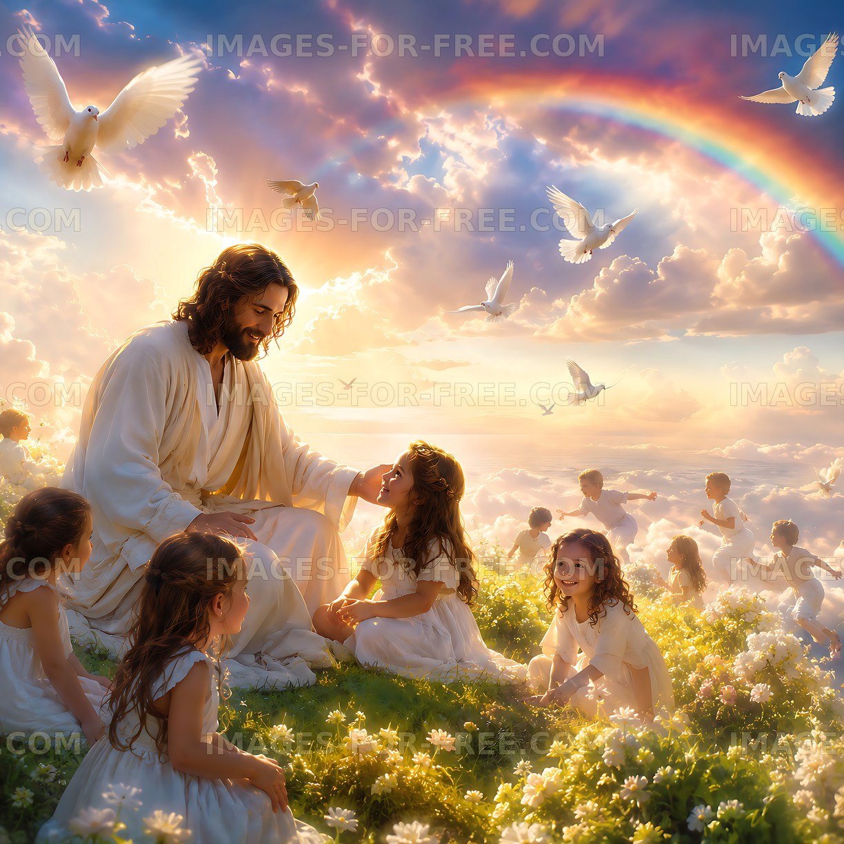 Jesus surrounded by children in a bright, cloud-filled scene