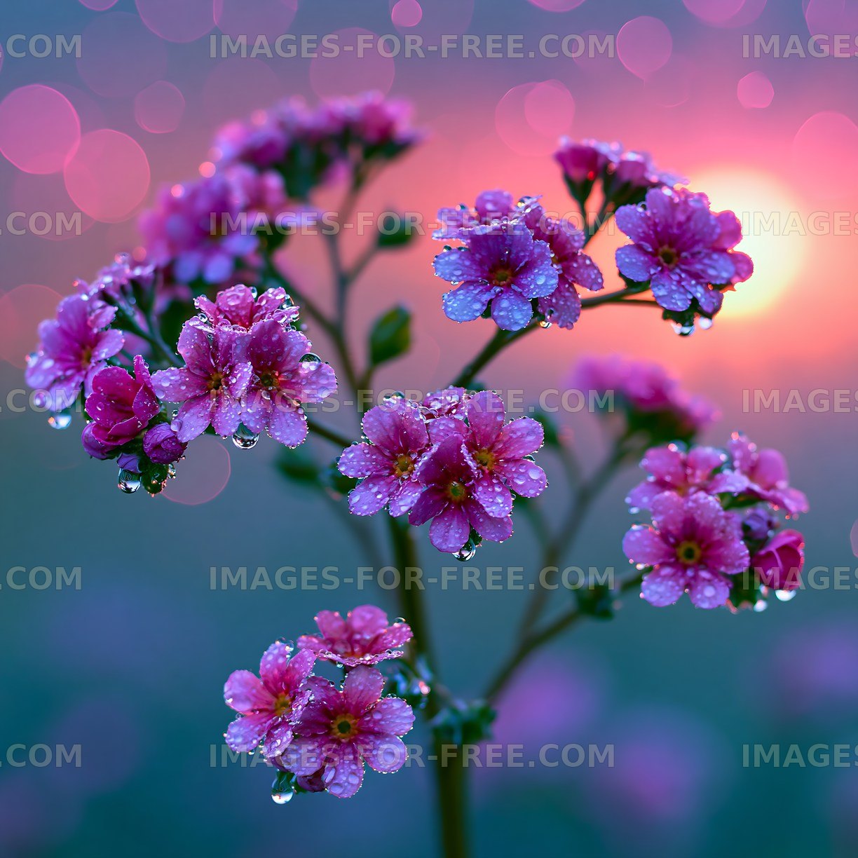 Flowers covered in dew during sunset