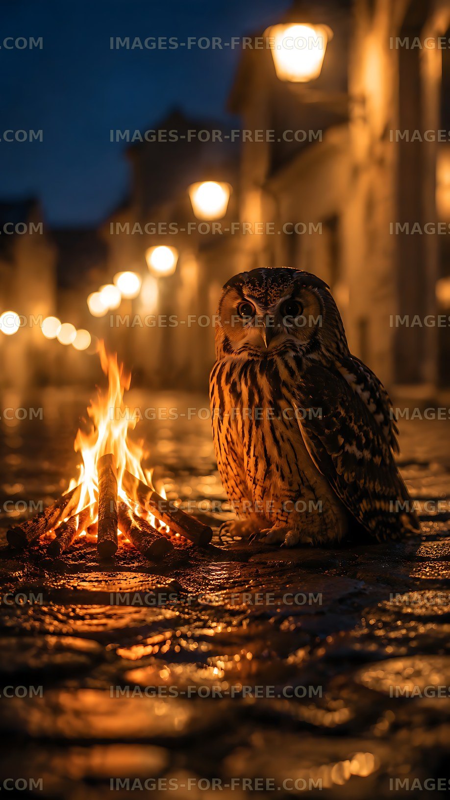 Owl sitting near a campfire on a cobblestone street at night