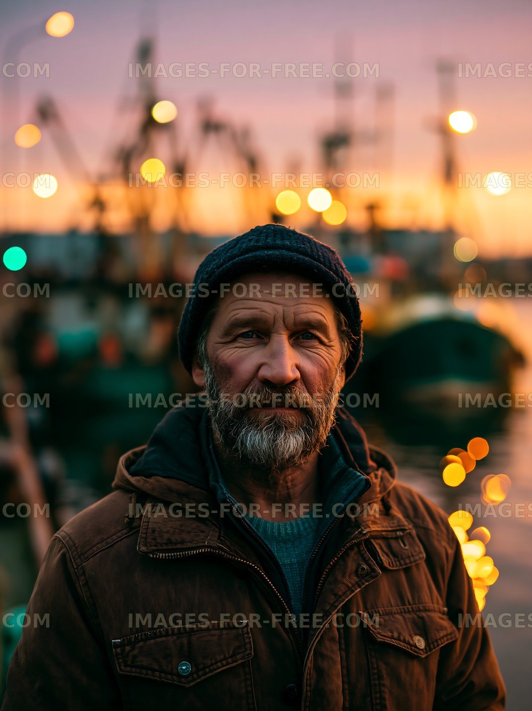 Portrait of a man by the harbor at sunset