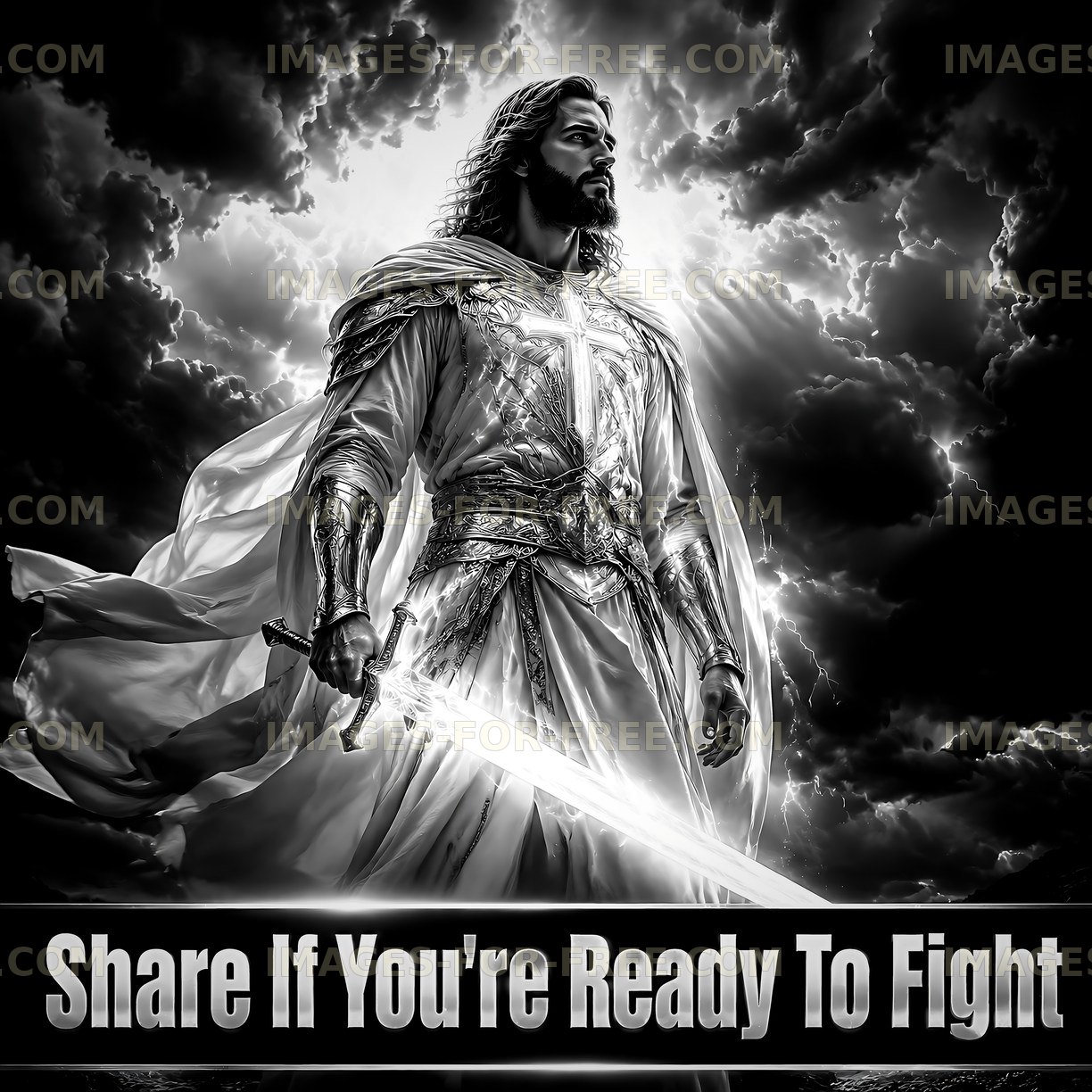 Person holding sword in dramatic lighting against stormy sky