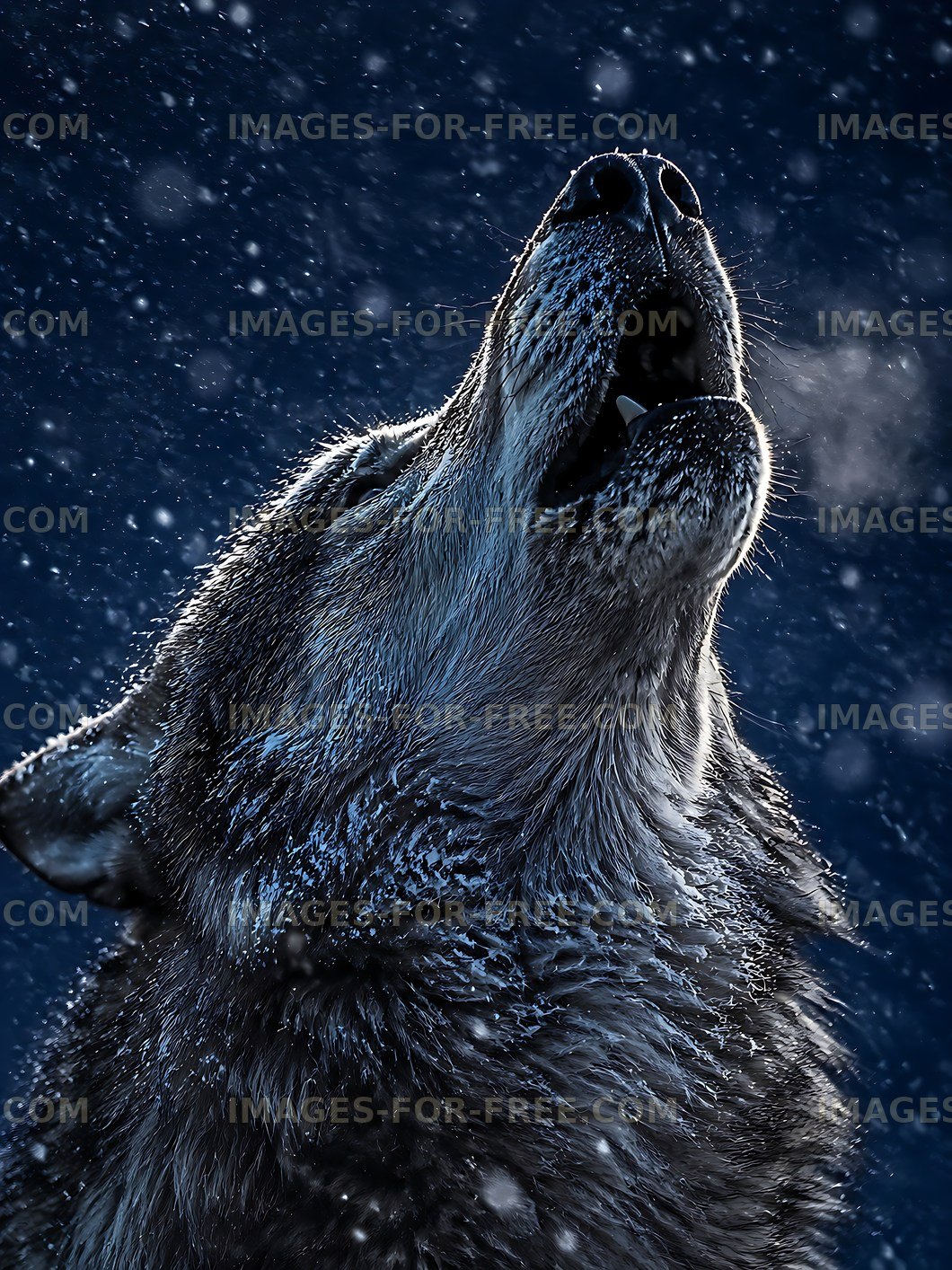 Wolf howling in a snowy landscape at night