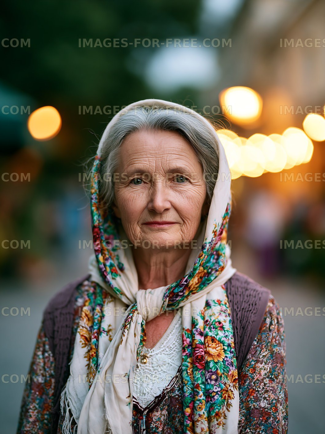 Elderly woman wearing a headscarf stands outdoors at night