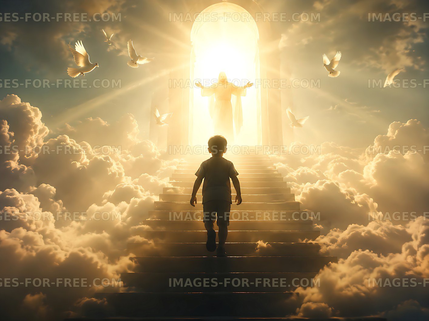 Child walking towards a figure in a bright doorway among clouds